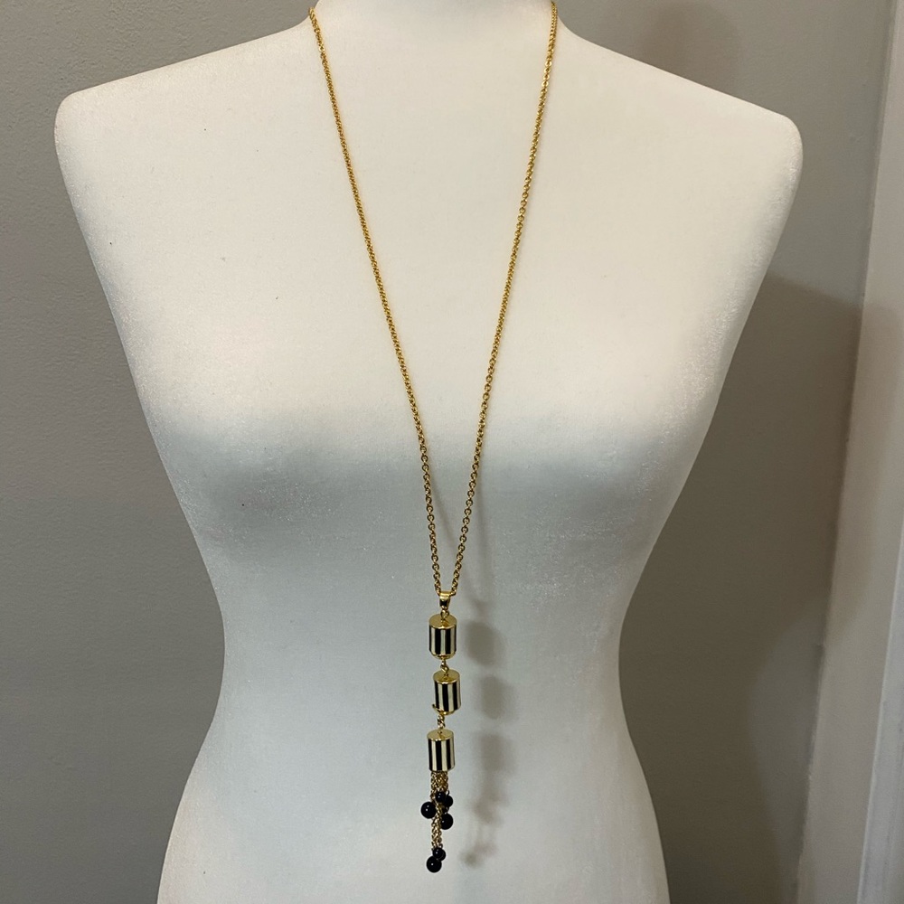 - NWT Talbots Nautical Navy White Gold Stripe long  Tassel Necklace